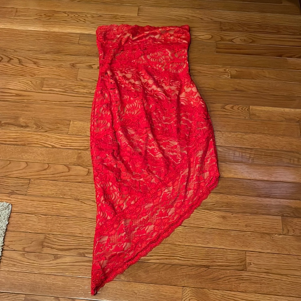 Lovely Red Lace Mini HiLow Cocktail Dress